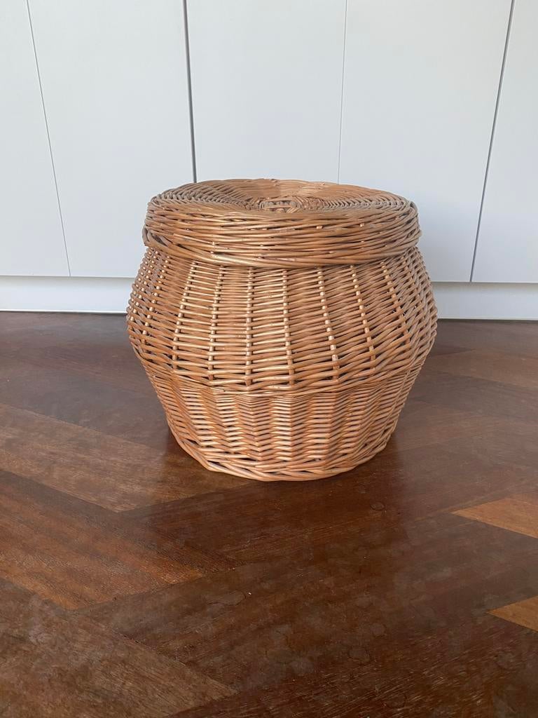 Retro rieten rotan slangenmand opbergmand krukje, Huis en Inrichting, Gebruikt, Mand, Rond, Ophalen of Verzenden