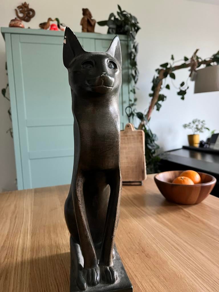 Antheunis Leiden Kat Beeld - zwart - gesigneerd - Pharaoh, Ophalen, Zoogdier, Beeld, Bruin