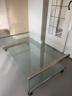 GRATIS Design glazen salontafel met wieltjes - gebruikt, Huis en Inrichting, Tafels | Salontafels, Ophalen, Gebruikt, 100 tot 150 cm