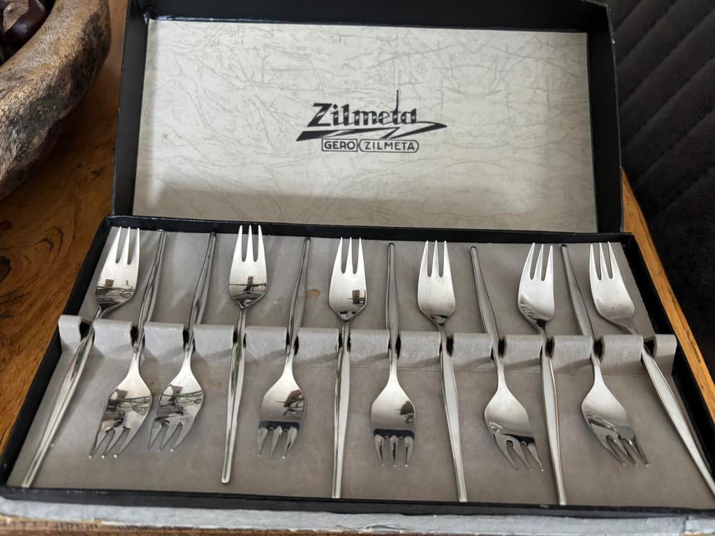 Zilmeta gero oude doos met gebaks vorkjes, Ophalen of Verzenden