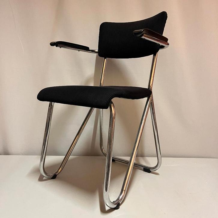 Chroom zigzag buisframe stoelen door Cor Alons voor Oostwoud, Huis en Inrichting, Stoelen, Gebruikt, Vier, Hout, Metaal, Stof