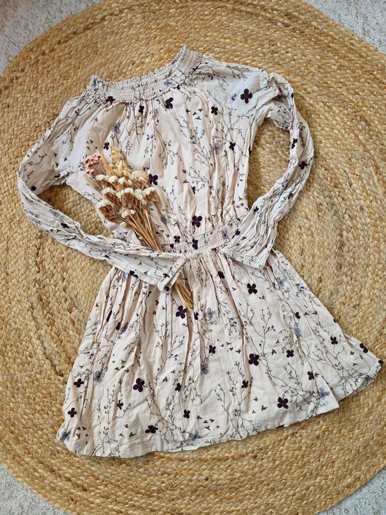 Mooie beige jurk met bruine bloemen Pomp de Lux maat 134/140, Gebruikt, Meisje, Ophalen of Verzenden, Jurk of Rok
