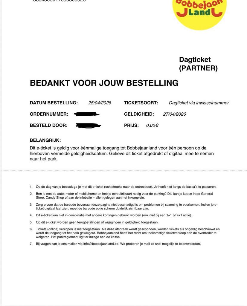 2x ticket bobbejaanland 27 april 2026, Tickets en Kaartjes, Twee personen, Ticket of Toegangskaart