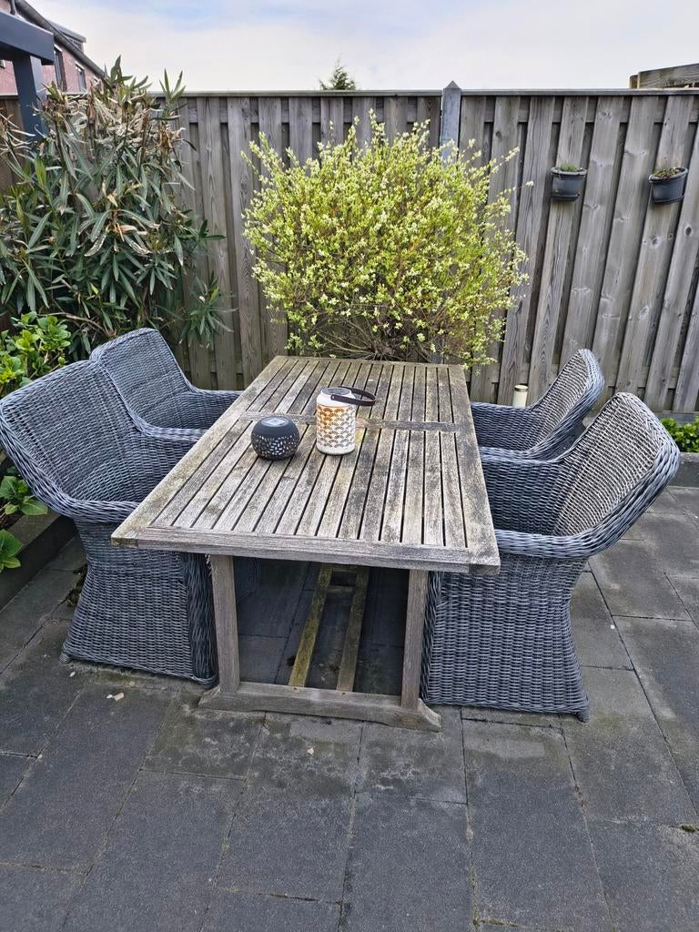 Teakhouten tuinset met tafel, 2 stoelen en bankje, Ophalen of Verzenden, Gebruikt, Teakhout