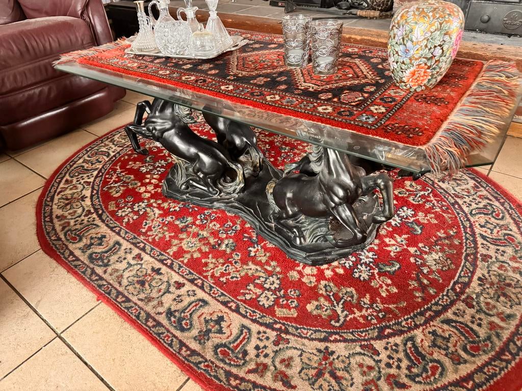 Salontafel met paardenvoet en facetgeslepen glasplaat, Ophalen, Gebruikt, 100 tot 150 cm, 50 tot 100 cm