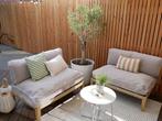 Twee loungebanken (pallet) met kussens - weinig gebruikt, Tuin en Terras, Tuinsets en Loungesets, Ophalen, 4 zitplaatsen, Zo goed als nieuw