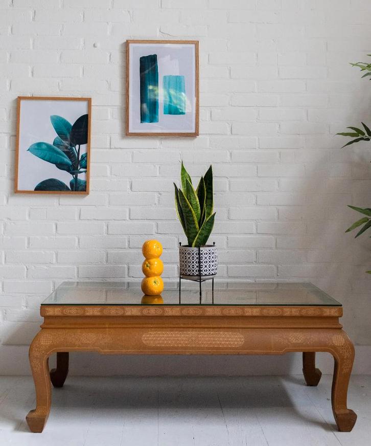 Filippijnse Salontafel Geëtst Glazen Blad Vintage Manila, Huis en Inrichting, Tafels | Salontafels, Minder dan 50 cm, 50 tot 100 cm