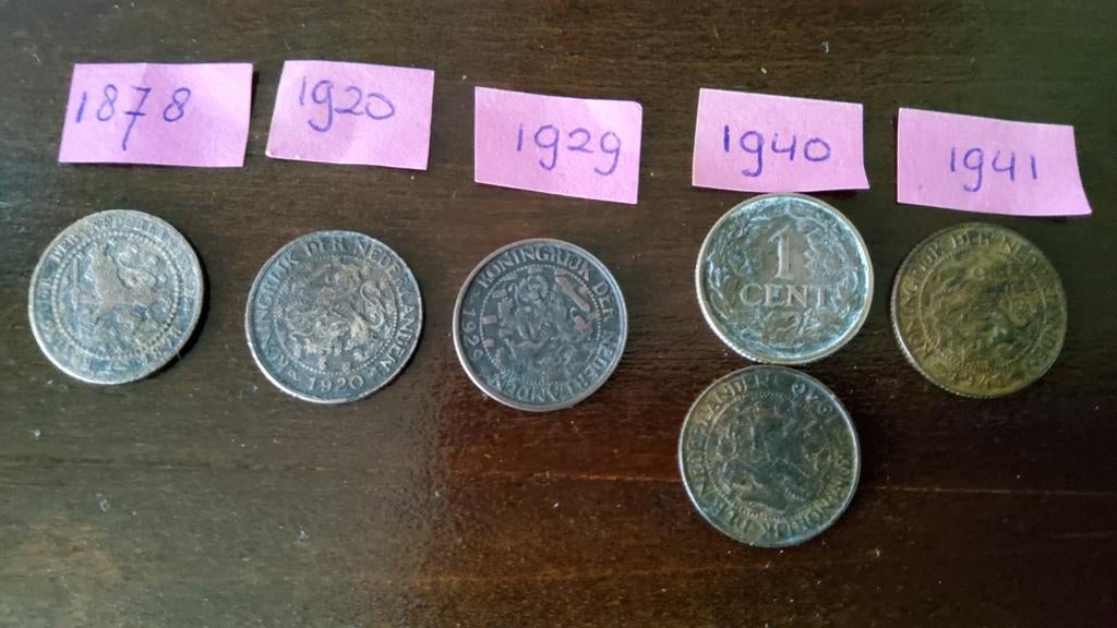 Antieke Nederlandse munten 6x1 cent 1878,1920,1929,1940,1941, Ophalen of Verzenden, Koningin Wilhelmina
