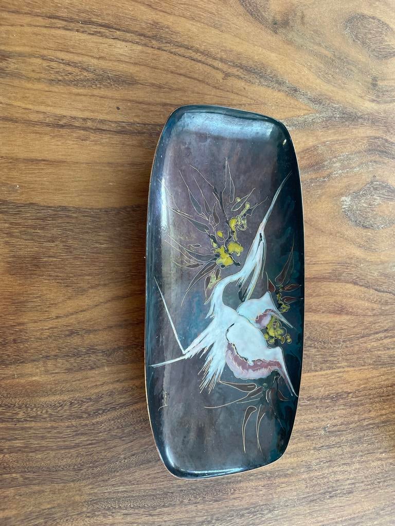 Vintage Emaille Fruitschaal Koper Teak Houten Pootjes, Antiek en Kunst, Ophalen of Verzenden