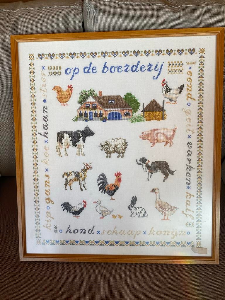 Geborduurde Schilderij Boerderij, Antiek en Kunst, Ophalen of Verzenden