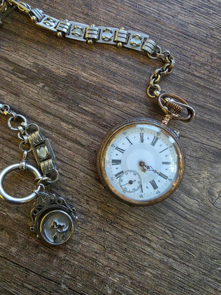 Zilver zakhorloge van Rementoire met zilveren ketting, Ophalen of Verzenden