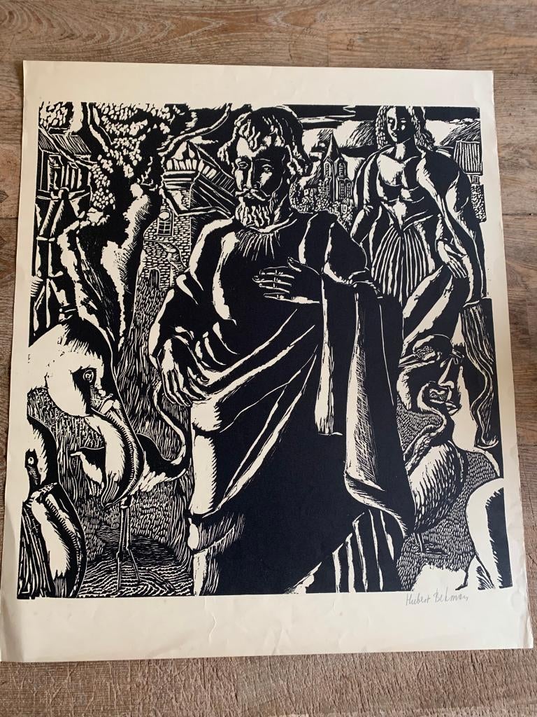 Grote houtsnede Hubert Bekman man vrouw met flamingos, Ophalen of Verzenden