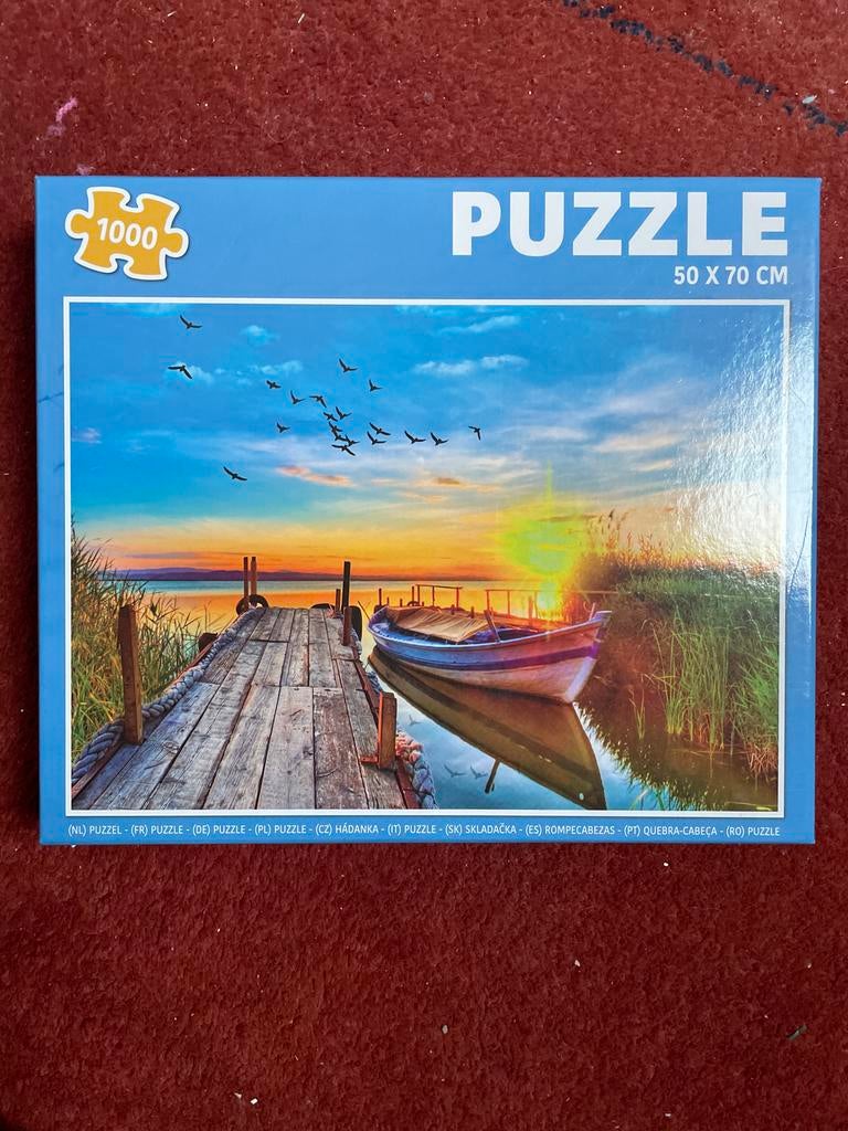 Puzzel 1000 stukjes - Zonsondergang aan het meer, Ophalen of Verzenden, 500 t/m 1500 stukjes, Gebruikt, Legpuzzel