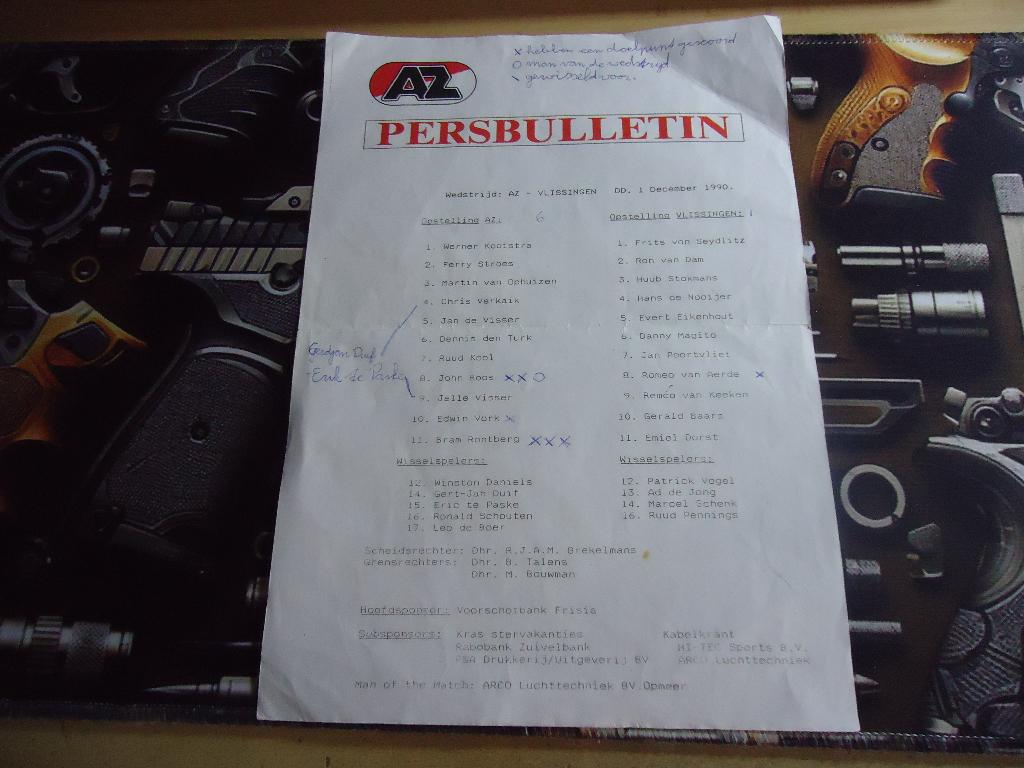 AZ Persbulletin dd 1 december 1990  AZ - VLISSINGEN, Maat XS of kleiner, Verzenden, Nieuw, Shirt