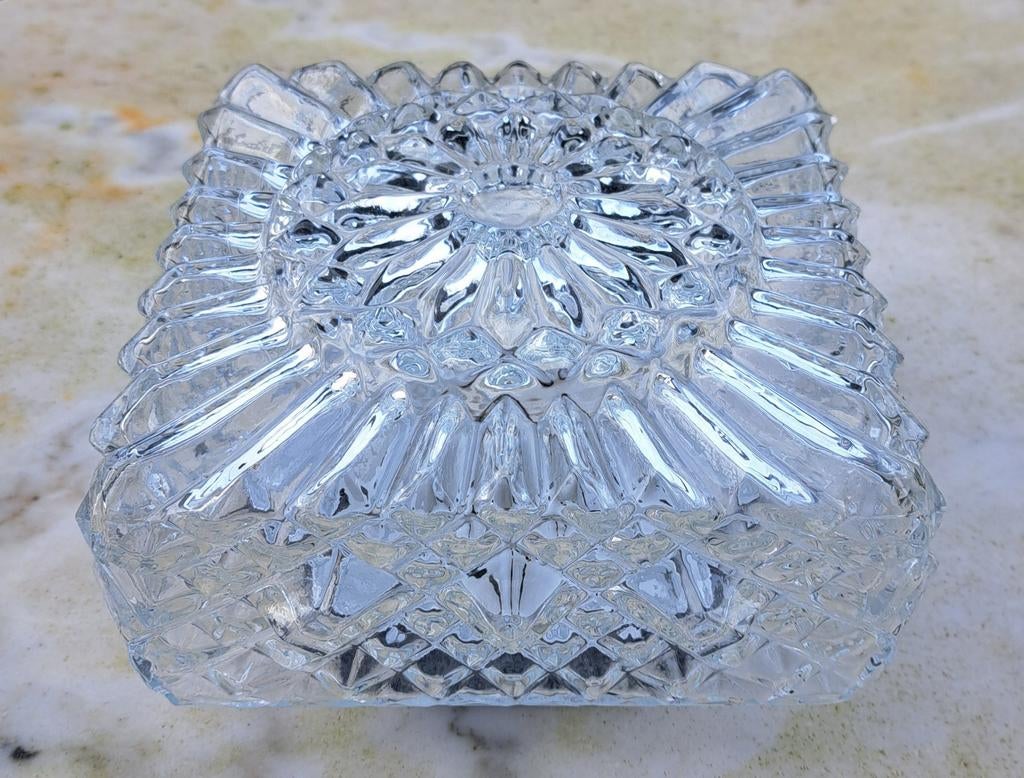 Vintage glazen plafondlamp plafonnière vierkant E27, Huis en Inrichting, Lampen | Plafondlampen, Ophalen of Verzenden, Zo goed als nieuw