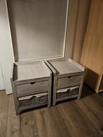 Houten nachtkastjes (2x) met lade en rieten mand, Ophalen, Zo goed als nieuw, Minder dan 45 cm