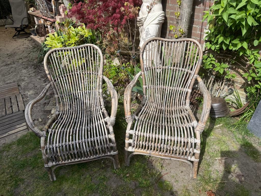 2 heerlijke vintage manou rotan tuinstoelen fauteuils, Ophalen, Gebruikt, Rotan, Stapelbaar