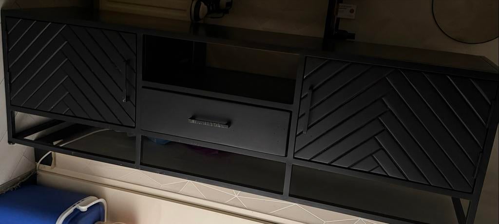 Zwart TV-meubel met visgraatpatroon en lades, Ophalen, Gebruikt, 150 tot 200 cm, Minder dan 100 cm