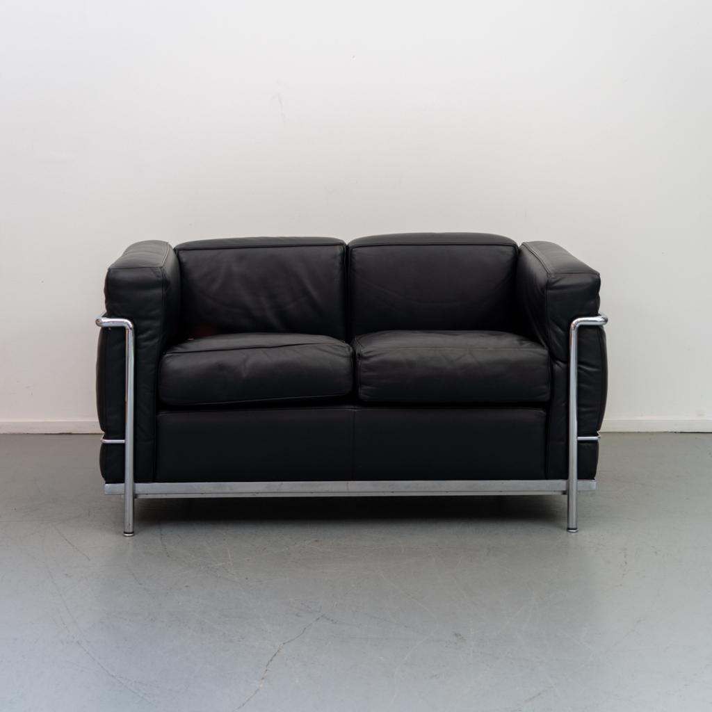 4x Cassina LC2 2-zitsbank Le Corbusier Zwart Leer, Niet ingevuld, Niet ingevuld, 75 tot 100 cm, Ophalen of Verzenden