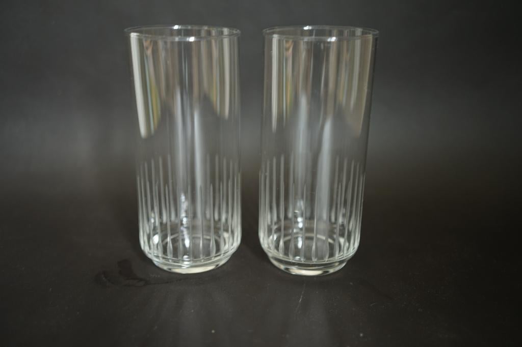 Mid Century vintage 2x waterglas longdrink geslepen streep, Glas of Glazen, Ophalen of Verzenden, Overige stijlen, Glas