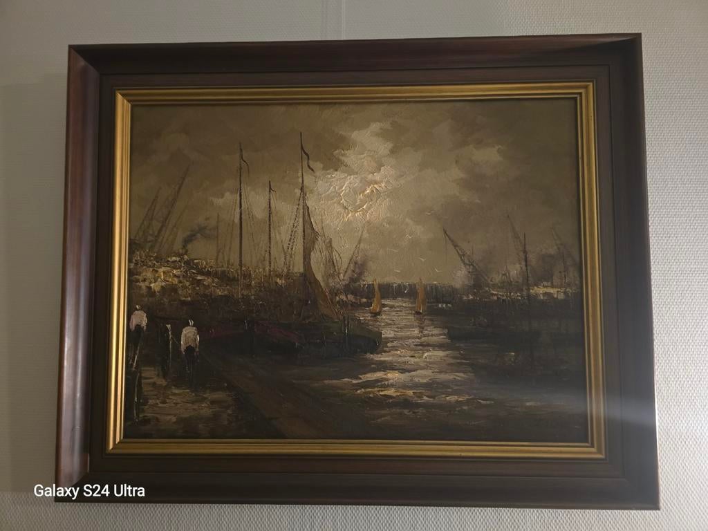 Schilderij Havenzicht met Boten en Figuren, Antiek en Kunst, Ophalen of Verzenden