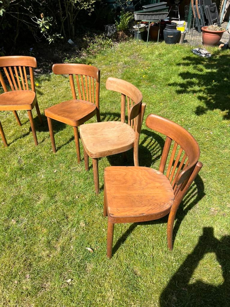 4 lichtbruine houten Vintage Bistro stoelen, Huis en Inrichting, Stoelen, Gebruikt, Vintage bistro/café, Bruin, Ophalen of Verzenden