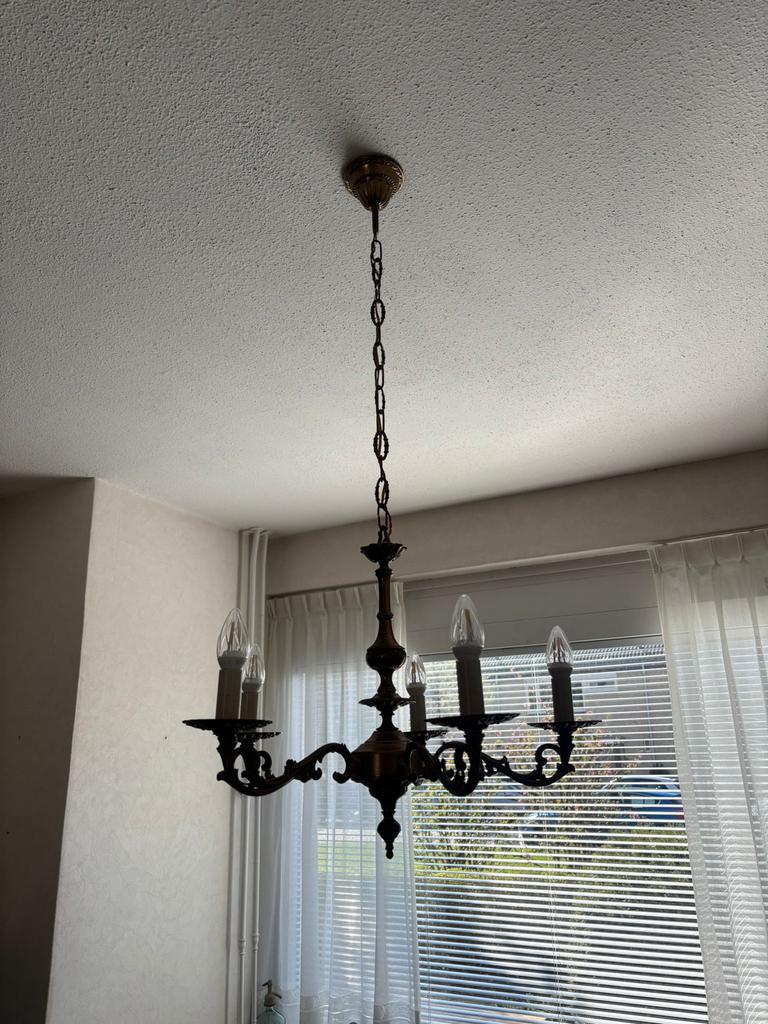 Set van 2 klassieke bronzen kroonluchters met 5 armen, Ophalen of Verzenden, Gebruikt, Metaal