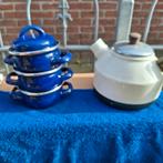 Emaille set: 3 mini pannetjes en fluitketel, Ophalen of Verzenden