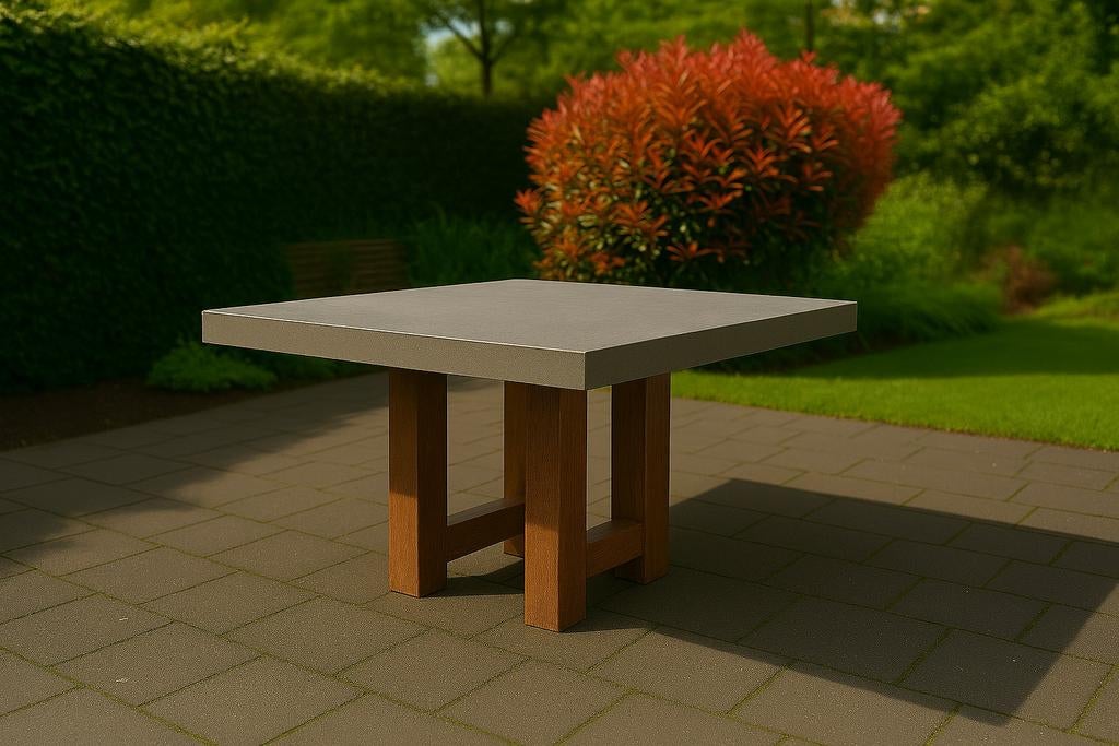 Massief betonnen tuintafel met eiken onderstel, Ophalen, Gebruikt, Vierkant, Overige materialen