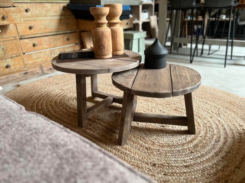 Set salontafels rond 50 en 60cm oud hout, Ophalen, 50 tot 100 cm, Rond, Zo goed als nieuw