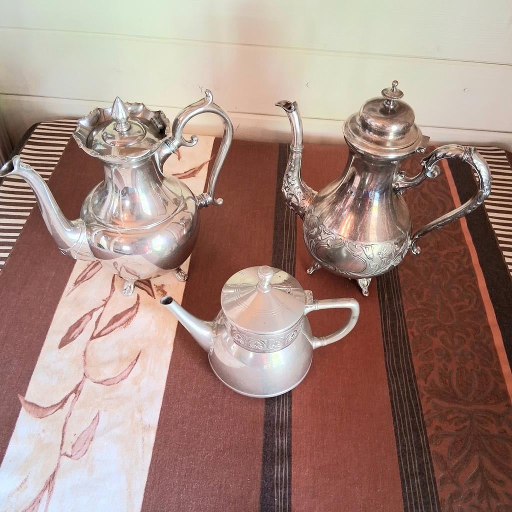 Zilvertin koffie- en theepotten set in zeer goede staat, Antiek en Kunst, Ophalen of Verzenden, Zilver