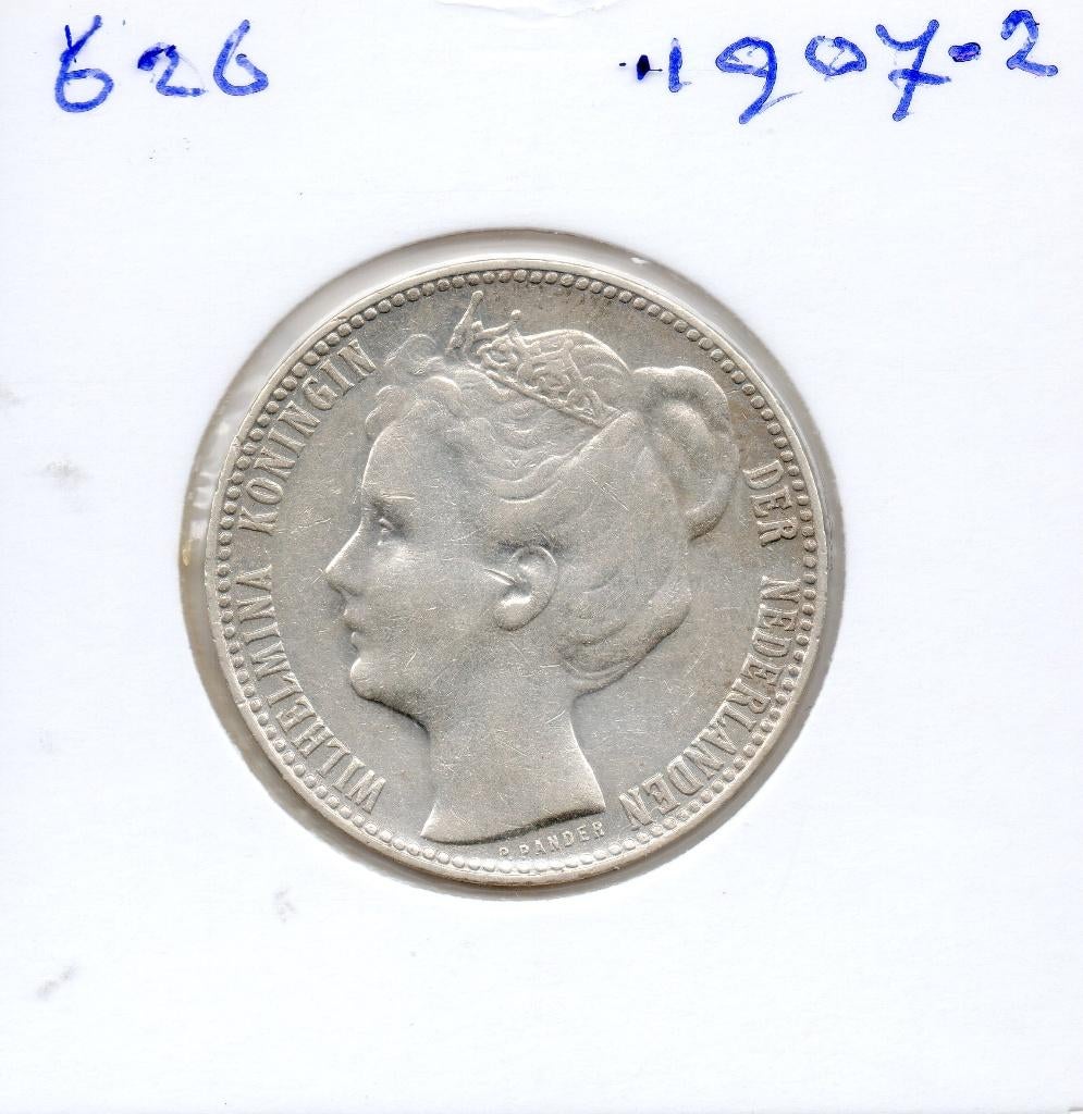 WILHELMINA GULDEN  1907-2   ZILVER, Postzegels en Munten, Munten | Nederland, 1 gulden, Zilver, Ophalen of Verzenden, Koningin Wilhelmina