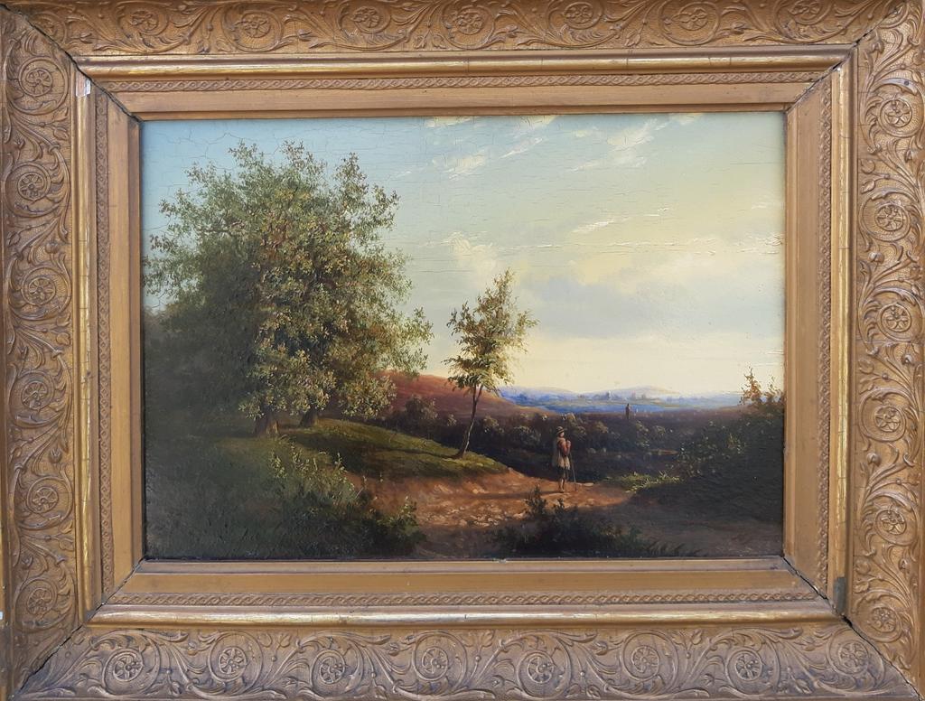 Antiek 19e Eeuws Olieverf Landschap met Figuren, Gesigneerd, Ophalen of Verzenden