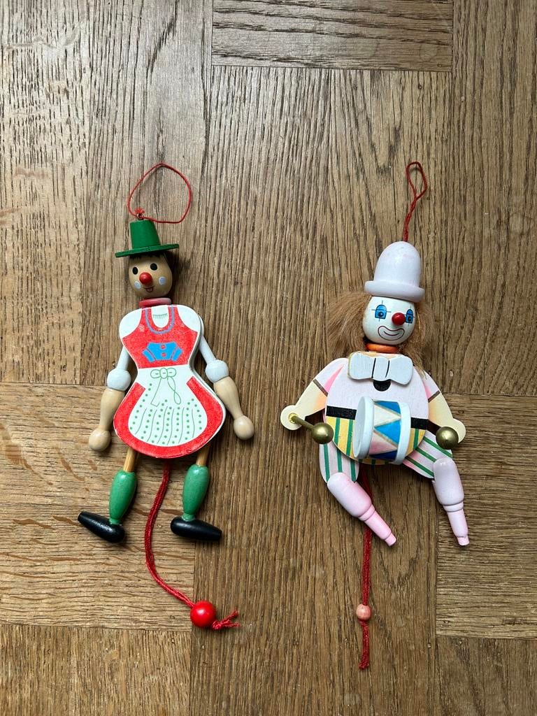 2 vintage houten trekpoppen Clown & Meisje Handbeschilderd, Ophalen of Verzenden, Gebruikt, Duw- of Trekspeelgoed