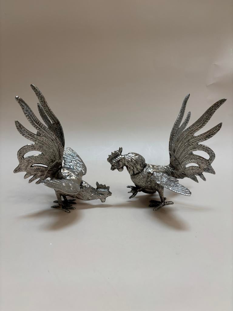 Verzilverde vechtende kemphanen, gemerkt EM, Ophalen of Verzenden, Zilver