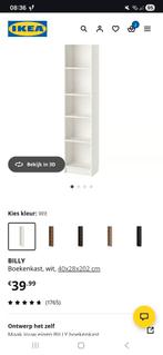 Gezocht: smalle witte hoge Billy boekenkast 39 cm breed, Ophalen, Zo goed als nieuw, 25 tot 50 cm, 200 cm of meer