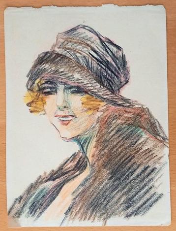 A493-6 Oude tekening Dame met hoed Mode jaren twintig beschikbaar voor biedingen