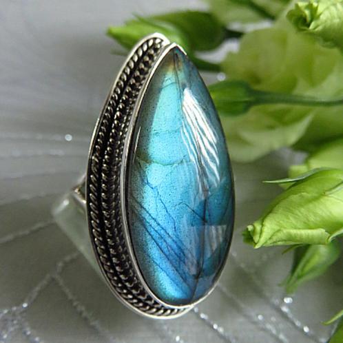 Grote massief 925 zilveren ring met druppel Labradoriet maat, Sieraden, Tassen en Uiterlijk, Ringen, Nieuw, Dame of Heer, 20 of groter