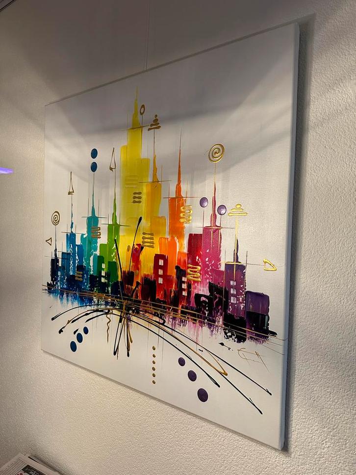 Kleurrijke Skyline Schilderijen Set - Gouden Accenten, Antiek en Kunst, Kunst | Schilderijen | Abstract, Ophalen