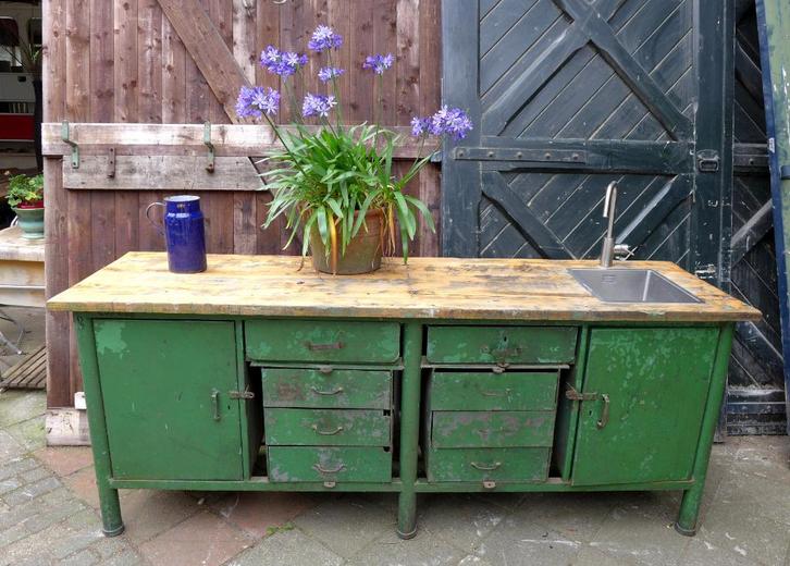 Prachtige vintage industriele toonbank werkbank keukenblok, Doe-het-zelf en Verbouw, Werkbanken, Gebruikt, 170 cm of meer, Bankschroef