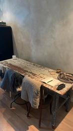 Lange smalle houten tafel + bank loods 5, Huis en Inrichting, Tafels | Eettafels, Ophalen, Gebruikt, 200 cm of meer, 50 tot 100 cm