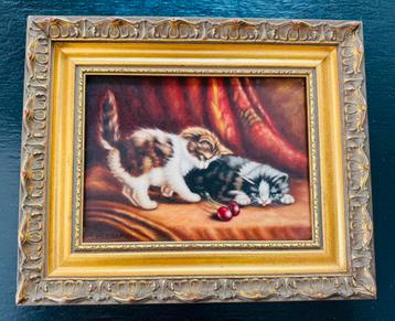 Schilderij poezen met kersen, inclusief lijst te koop beschikbaar voor biedingen