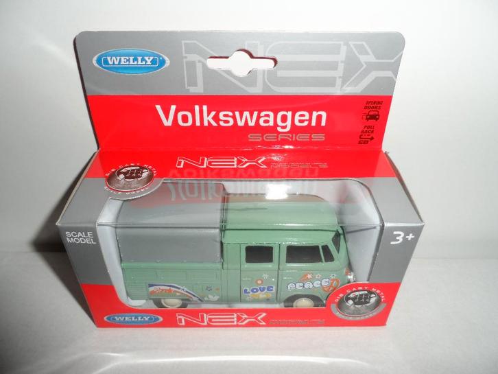 Welly - VW T1 Dubbele Cabine (Soft-Top) Love & Peace (groen), Hobby en Vrije tijd, Modelauto's | Overige schalen, Nieuw, Auto