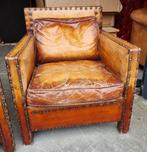 2 industriële fauteuils cognac vintage leer + BEZORGING, Gebruikt, Vintage, Ophalen of Verzenden, Leer