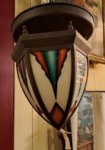 Mooie Art Deco hanglamp met gekleurd glas, lamp is puntgaaf, Ophalen