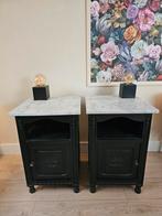 2 matzwarte authentieke (nacht) kastjes met marmeren blad, Huis en Inrichting, Slaapkamer | Nachtkastjes, Ophalen, Gebruikt, Minder dan 45 cm