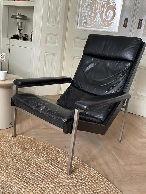 Rob Parry vintage fauteuil zwart leer 60s, Huis en Inrichting, Fauteuils, Gebruikt, Hout, Leer, Metaal, 50 tot 75 cm, 75 tot 100 cm