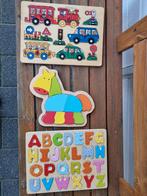 3 Houten puzzels / voertuigen, giraffe en alfabet, Kinderen en Baby's, Speelgoed | Kinderpuzzels, Gebruikt, Ophalen of Verzenden