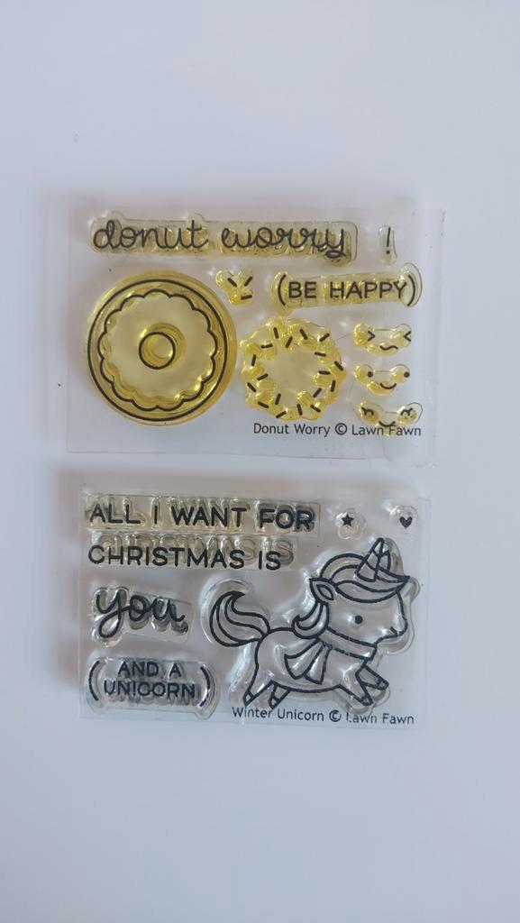 Lawn Fawn Stempelset Donut & Eenhoorn, Hobby en Vrije tijd, Scrapbooking, Zo goed als nieuw, Overige typen, Overige merken, Verzenden