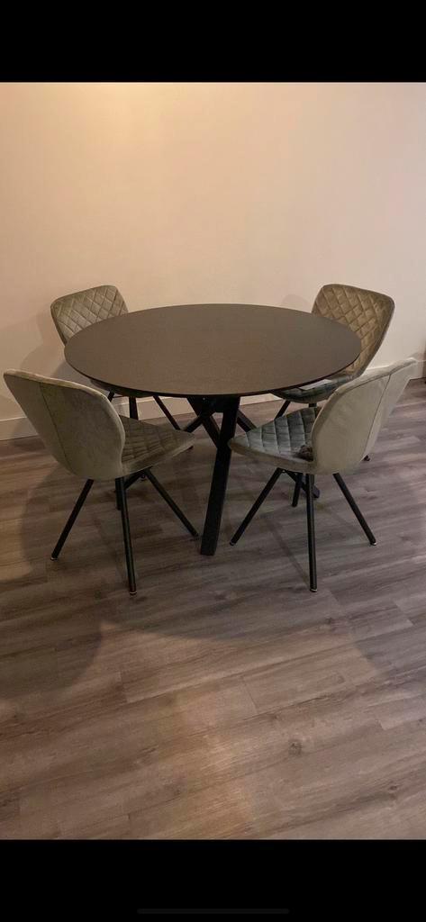 Eettafel met 4 Stoelen - Groen/Grijs, Huis en Inrichting, Stoelen, Zo goed als nieuw, Metaal, Grijs, Ophalen